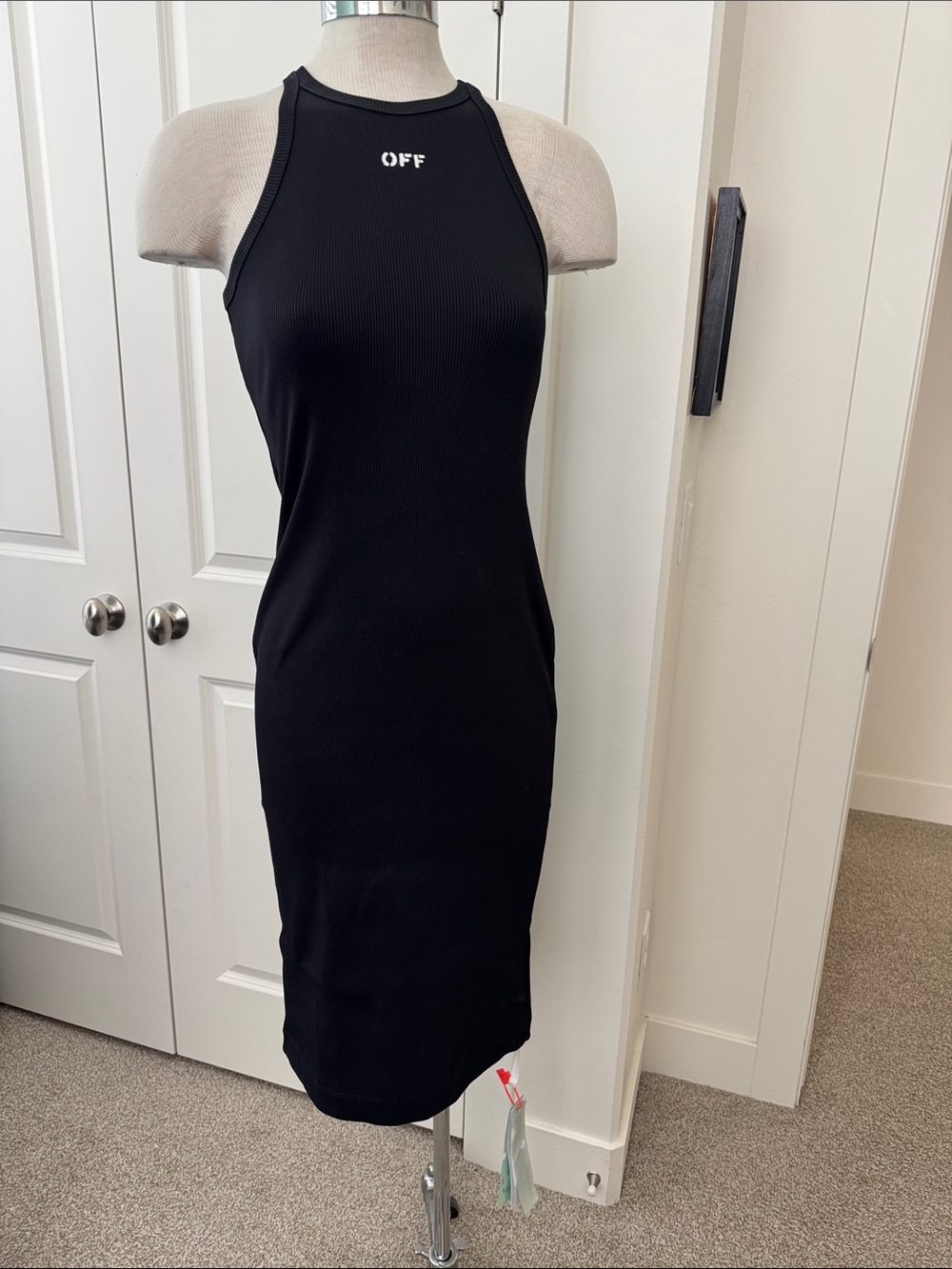 Off-White Black Ribbed Halter Midi Dress with Logo
